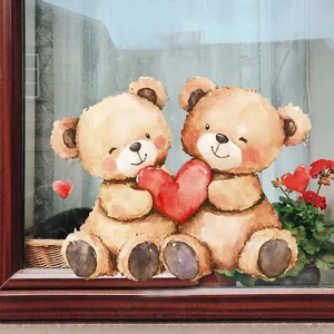 Watercolor Valentine teddy bears with red hearts static window cling for glass decor