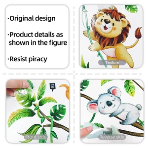 Detail of matte cloth texture wall sticker with cartoon lion and tropical monstera leaves