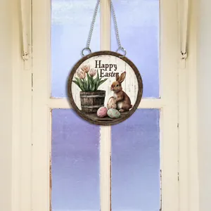 Detail eines 2D Osterhasen-Türschilds mit floralen Eiern und Happy Easter Aufdruck