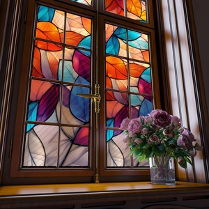 Artistic maple leaf colorful window film in dark wooden frame with elegant floral decor