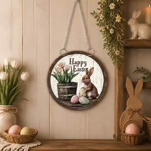 Nahaufnahme des flachen 2D-Osterhasen-Anhängers aus Acryl mit Happy Easter Text