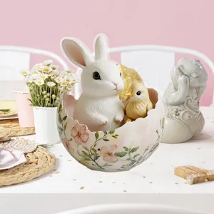 Detailed macro of 2D acrylic Easter bunny egg stand with polished base on home dining table