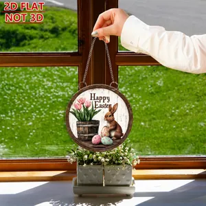 Nahaufnahme des flachen 2D-Acryl-Osterhasen-Anhängers mit Kette und Happy Easter Text