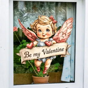Detail von Vintage-Valentinstags-Fensterbild mit Engel und Be My Valentine Banner