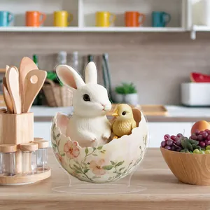 Detailed view of 2D flat acrylic Easter bunny and chick ornament on transparent stand