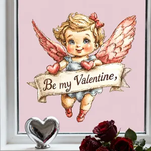 Detailansicht eines Valentinstag-Fensteraufklebers mit Amorschriftzug und roten Rosen