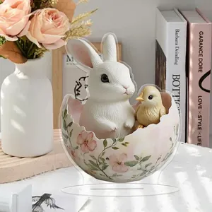 2D Plat Acryl Pasen Decoratie Schattig Konijn Kuiken Ei Kabouter Tafelornament Voor Thuis Feest Seizoensgebonden Decor