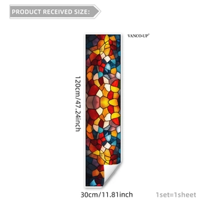 Detail of colorful irregular geometric mosaic window sticker with size dimensions