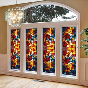 Close-up of colorful geometric mosaic window film for privacy and home decoration