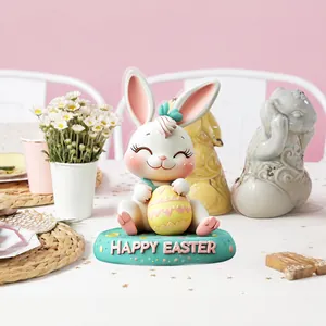 Detailed view of 2D flat acrylic Easter bunny figurine with Happy Easter base