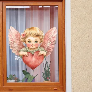 Aquarell-Fensteraufkleber mit Engel und Herz auf einem Glasfensterrahmen im Wohnzimmer