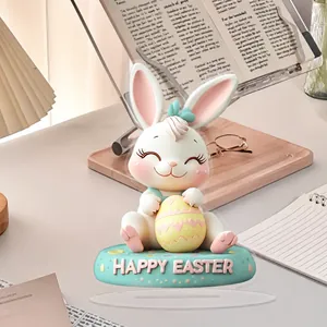 Cartoon acrylic Easter bunny standee with Happy Easter egg on a cozy wooden desk