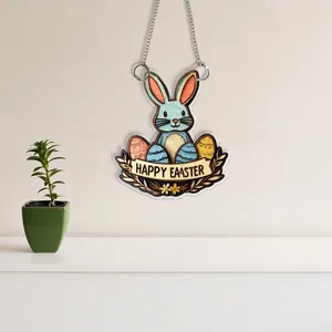 Décoration de Pâques 2D plate en acrylique avec bannière Happy Easter sur mur blanc