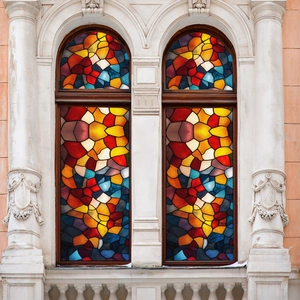 Detailed texture of stained glass window film with colorful mosaic patterns on arched windows