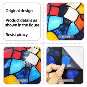 Detailed view of colorful geometric window film showing front, back, and matte texture