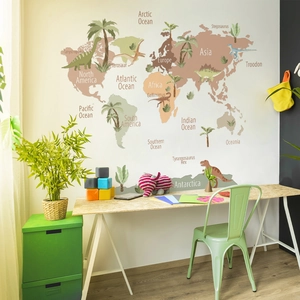 Educational world map wall sticker with dinosaurs and palm trees in soft Morandi tones