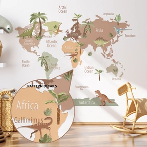 Colorful world map wall sticker with dinosaurs for kids room and nursery interior decor