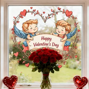 Detailansicht vom Valentinstag-Fensteraufkleber mit Amor-Engeln und Herzreben-Design