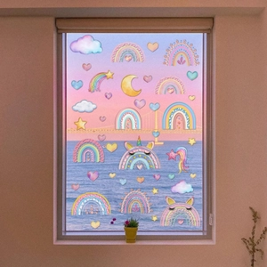 Rainbow cloud and star static window stickers in macaron colors for home decoration