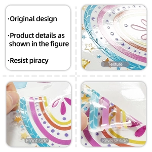 Macro detail of 3D rainbow cloud stickers showing glitter texture and double-sided design