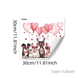 Detail view of five cute dogs with pink heart balloons on 30x30cm window static stickers