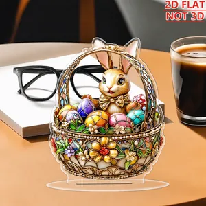 Detailed 2D acrylic Easter bunny basket ornament on a wooden desk for home decor