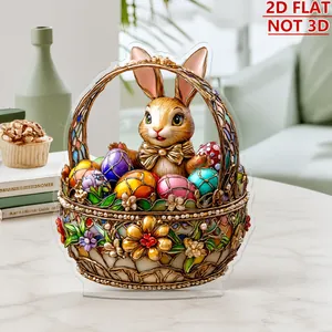 Macro detail of 2D acrylic Easter bunny basket ornament with faux cloisonne texture