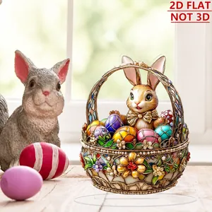 Detailed macro view of 2D flat acrylic Easter bunny basket ornament with base