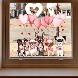 Valentinstag Fensterbilder mit süßen Hunden, rosa Herzbrillen und Herzballons für Fenster