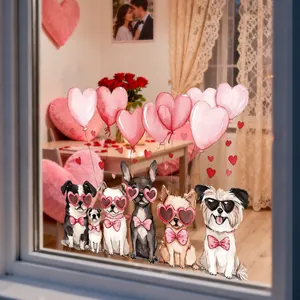 Details von Cartoon-Hunden mit Herz-Sonnenbrillen, statische Fensterbilder für Valentinstag