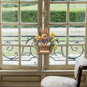 Decorazione pasquale 2D piatta in acrilico con coniglio, uova colorate e fiori primaverili