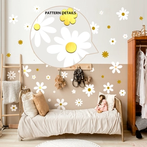 Macro pattern details of white daisy wall stickers with gold metallic texture centers
