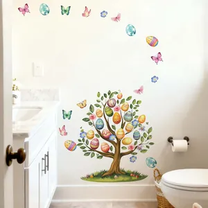 Detail of Easter egg tree wall decal with butterflies and flowers in bathroom setting