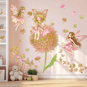 Pink flower fairy and dandelion wall stickers for girls' bedroom home wall decor