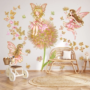 Detail of pink flower fairy and butterfly wall decals with elegant gold foil stamping