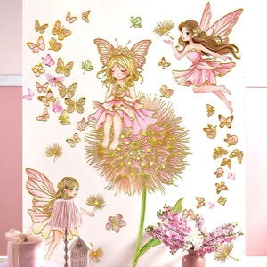 Detail of pink flower fairy and butterfly wall decals on a white bedroom background