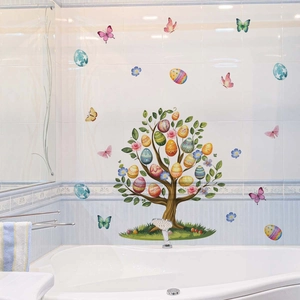 Easter wall decals featuring a decorative egg tree and colorful butterflies in a bathroom