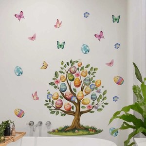 Easter wall decals featuring a watercolor decorative tree with eggs and butterflies