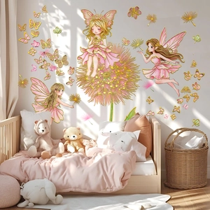 Detail of fairy wall decals with gold edges and pink floral butterfly decorations
