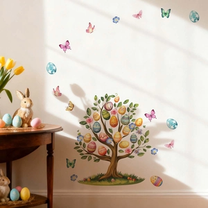 Detailed view of Easter wall stickers with colorful eggs, trees and flowers on a white wall