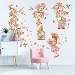 Pink floral birdcage and girl wall decals with gold foil accents for home decor
