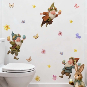 Easter wall decals featuring garden gnomes with colorful eggs and floral accents