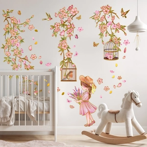Romantic pink floral wall stickers with girl and birdcage for home bedroom decoration