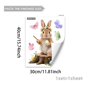 Detailed size chart for Easter wall sticker featuring bunny, flowers and butterflies