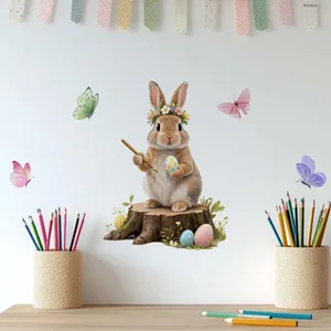Close-up of Easter wall stickers showing watercolor bunny with floral eggs and butterflies