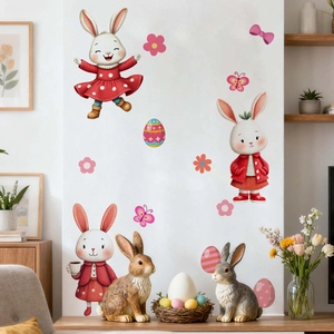 Easter cartoon rabbit wall sticker with flowers and colorful eggs for home decoration