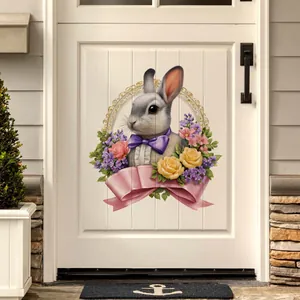 Detail of Easter bunny wall sticker with flowers on white door for home decoration