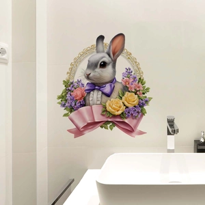 Realistic rabbit wall sticker with pink roses and golden frame in modern bathroom