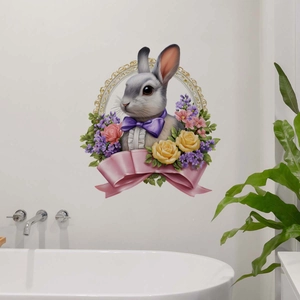 Detail of grey rabbit wall sticker with pink roses and golden frame in a bright bathroom