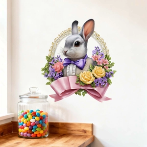Detail of vintage Easter bunny wall sticker with flowers and ribbon on a white wall